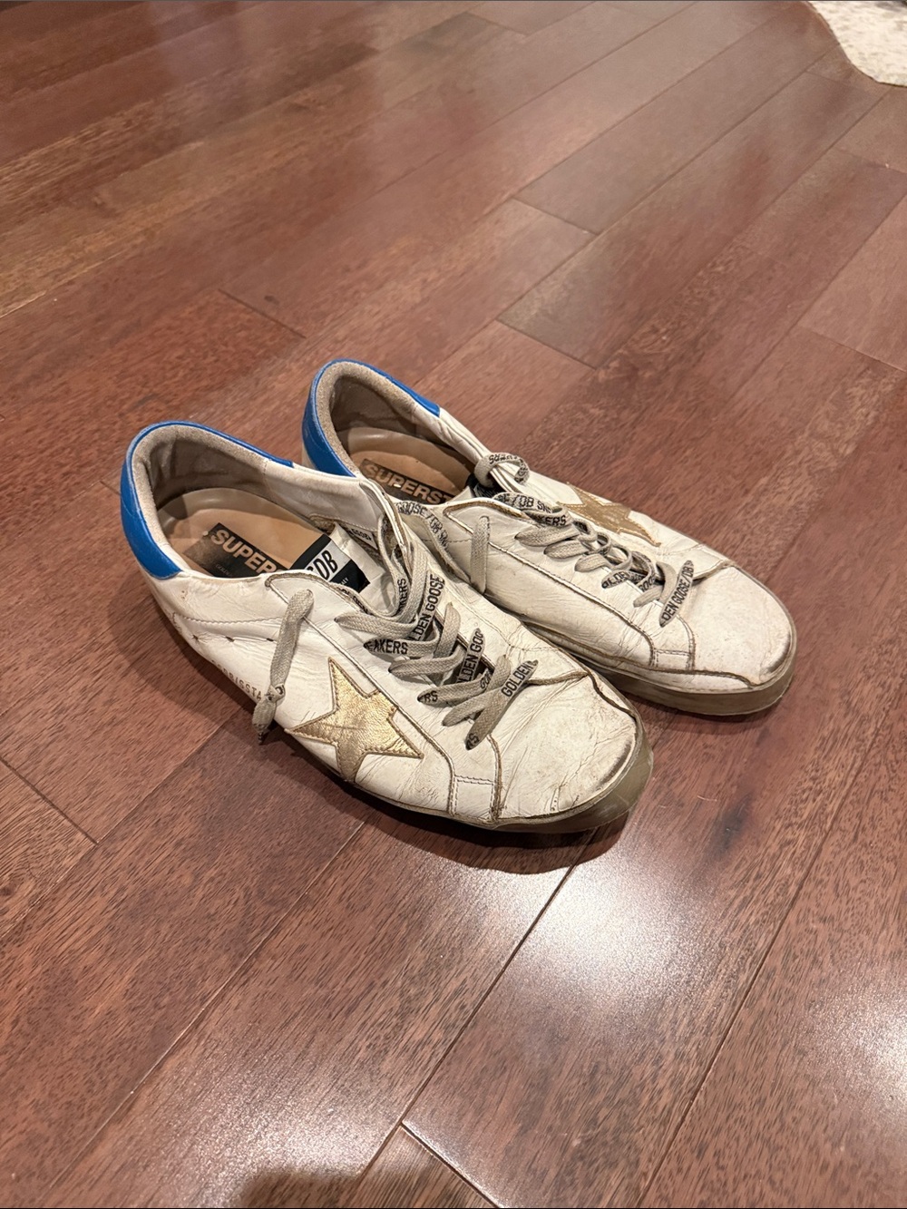 Golden Goose White Leather Sneakers with Gold Star and Blue Heel